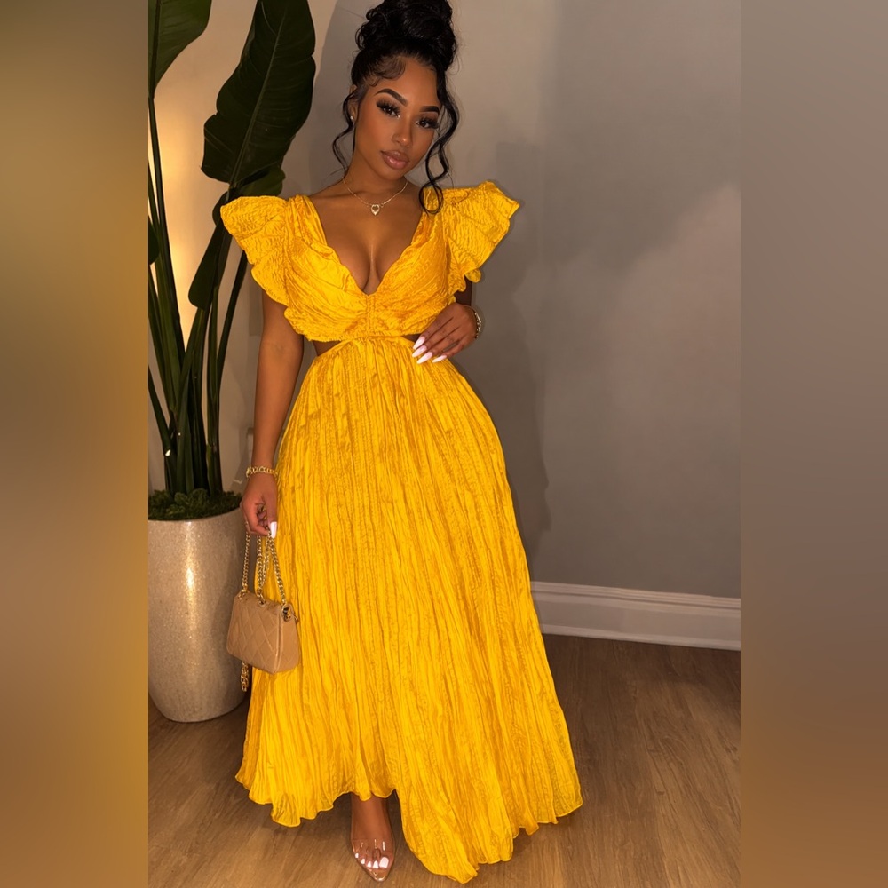 Gold Metallic Party Dress Glam Cocktail Evening Elegant side cut out flowy glam